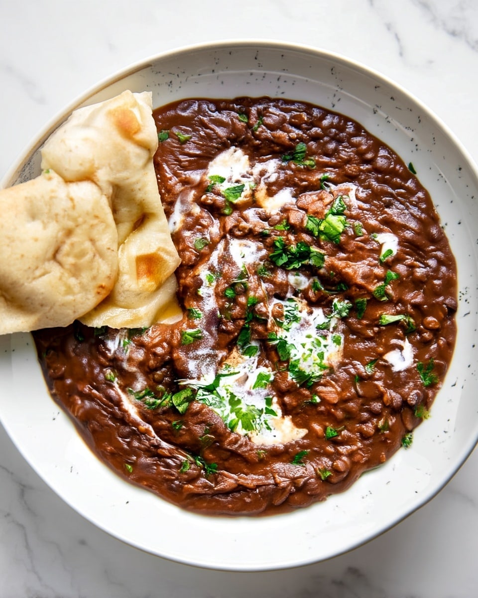 A white bowl contains a thick, dark brown lentil stew spread evenly inside. The stew has a creamy texture with some small chunks and is decorated with white cream swirled on top. Fresh green chopped herbs are scattered across the surface, adding a bright contrast. On one side of the bowl, there are two pieces of soft, golden brown flatbread resting partially on the stew. The bowl sits on a white marbled surface. photo taken with an iphone --ar 4:5 --v 7