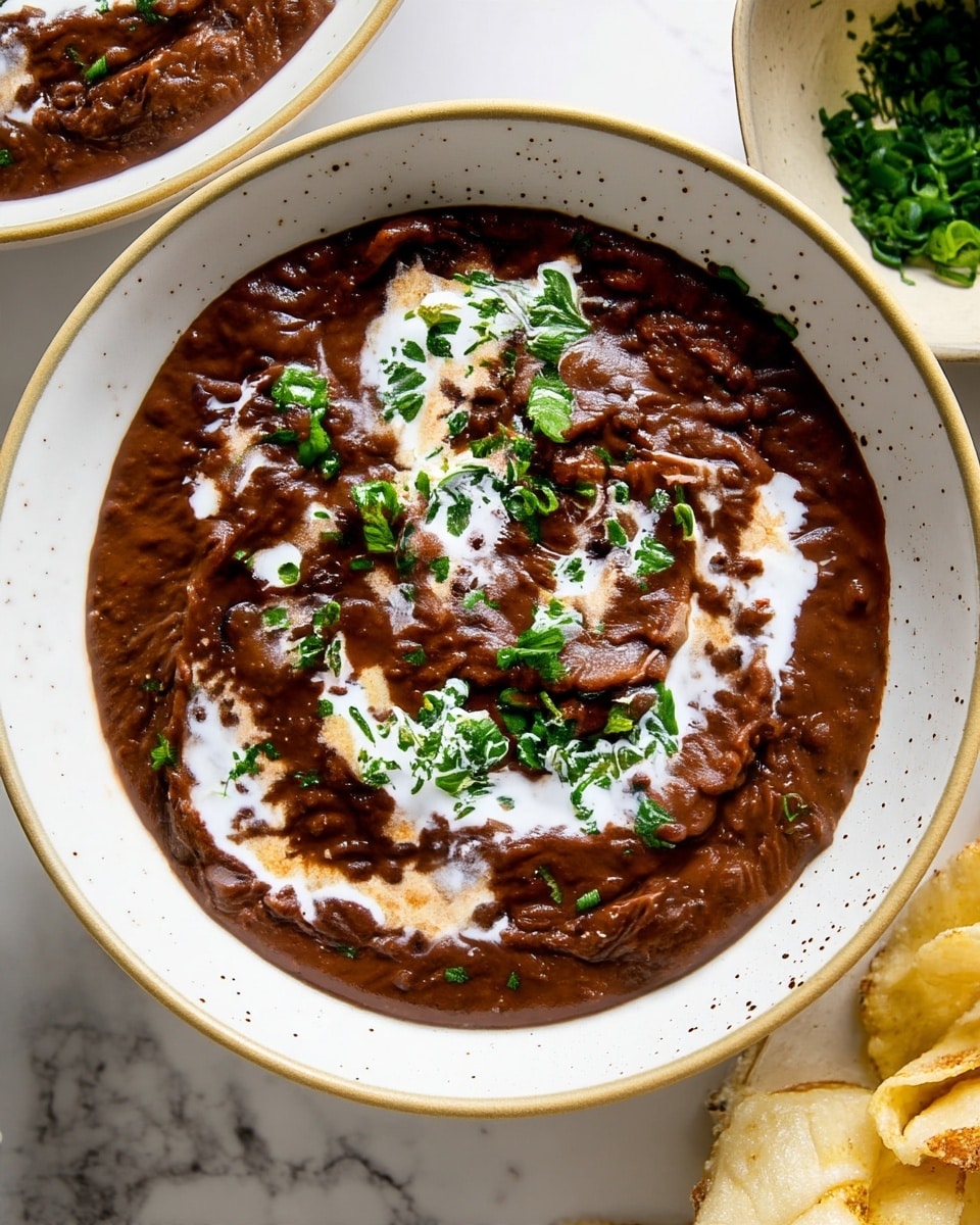 A thick dark brown bean soup fills a white bowl with speckled details, spread evenly in one layer. It has swirls of white cream mixed gently on top, creating contrasting soft patterns. Bright green chopped herbs are scattered over the surface, adding a fresh pop of color. The bowl sits on a white marbled surface, with part of another bowl containing green herbs visible to the upper right, and a white plate with chips partially shown in the lower right corner. Photo taken with an iphone --ar 4:5 --v 7