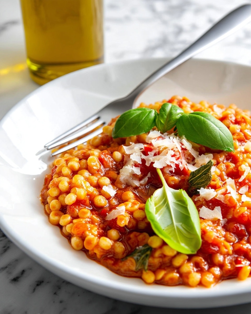 A close-up of a white plate filled with small round pasta covered in a rich tomato sauce, topped with a few fresh green basil leaves and small shreds of grated cheese scattered on the surface, with a silver fork resting on the edge of the plate. The background shows a white marbled texture and an out-of-focus glass bottle with yellow liquid. Photo taken with an iphone --ar 4:5 --v 7