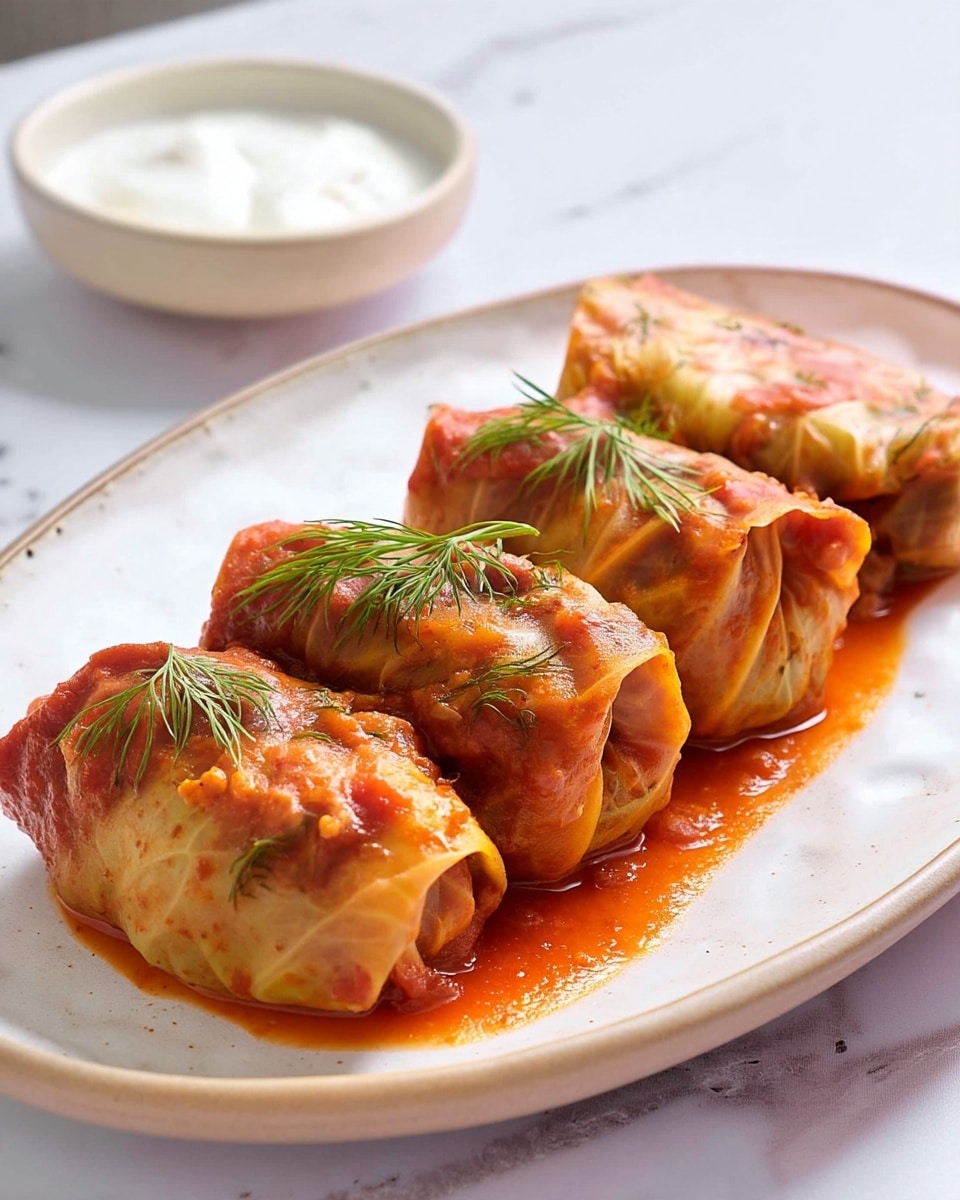 This image shows four cabbage rolls placed side by side on a white plate with a subtle speckled texture. Each roll is covered in a thick, smooth orange-red sauce that glistens slightly, with small green herb bits sprinkled over the top as garnish. The cabbage leaves wrapping the rolls are soft and slightly translucent in places, with some folds and creases visible. Behind the plate, there is a white bowl filled with a creamy white sauce, slightly blurred to keep focus on the rolls. The setting is on a white marbled surface, adding a clean and bright feel to the image. Photo taken with an iphone --ar 4:5 --v 7