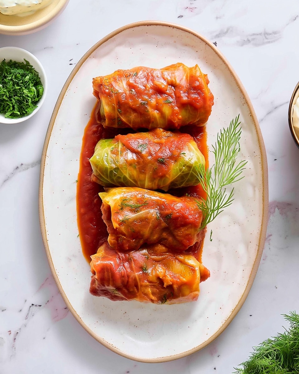 Four cabbage rolls are placed closely on a large oval white ceramic plate with a light brown rim. Each cabbage roll is wrapped in a smooth, slightly translucent cabbage leaf with a warm orange tint from sauce that coats and pools slightly beneath them. The rolls are topped with small sprinkles of finely chopped green herbs, with one delicate whole sprig standing upright on the top roll. The plate rests on a white marbled surface, and there are small bowls of finely chopped herbs and cream near the plate’s edges. The scene is bright and clean, shot from above with soft natural light. photo taken with an iphone --ar 4:5 --v 7
