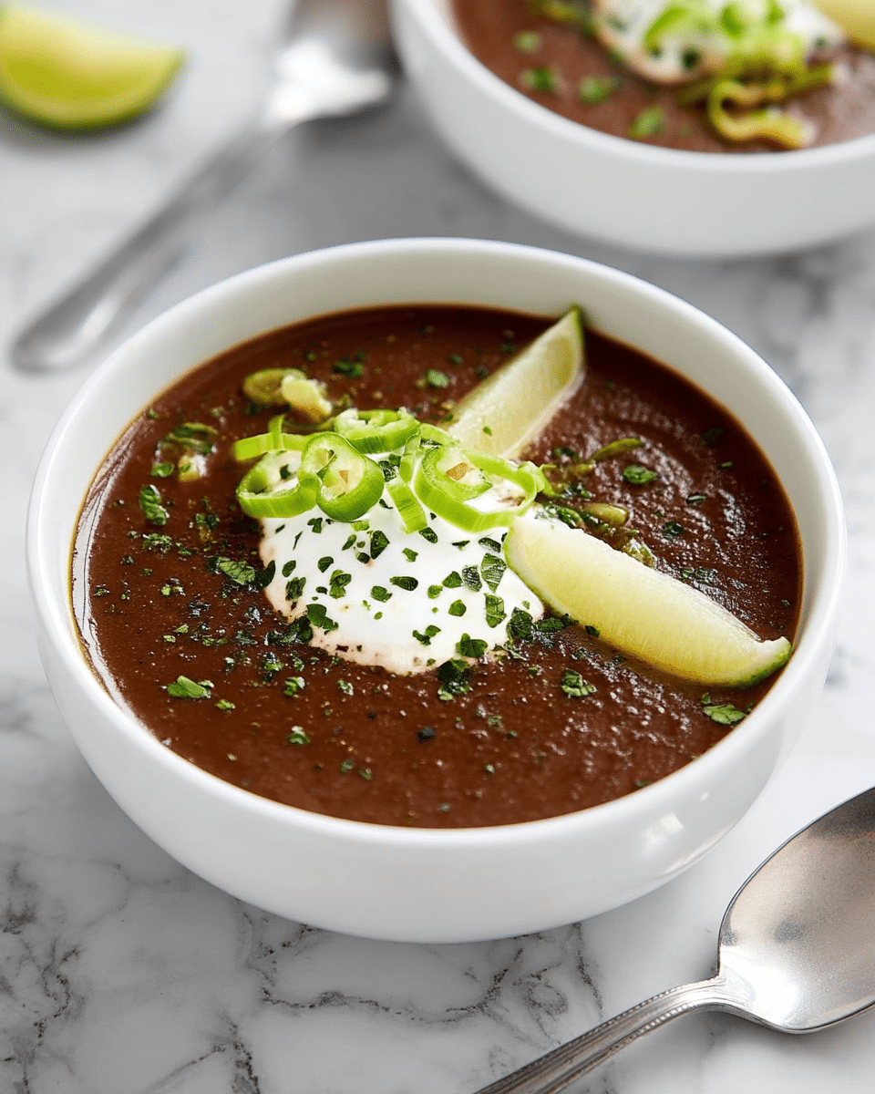 A white bowl filled with smooth dark brown soup topped with a dollop of white cream in the center. On top of the cream, there are thin slices of green chili and small bits of green herbs scattered around. Two lime wedges, one bright green and the other lighter, rest partially in the soup near the cream. The bowl is set on a white marbled surface with a silver spoon placed nearby. In the background, part of another white bowl with the same soup and similar garnish is visible. Photo taken with an iphone --ar 4:5 --v 7