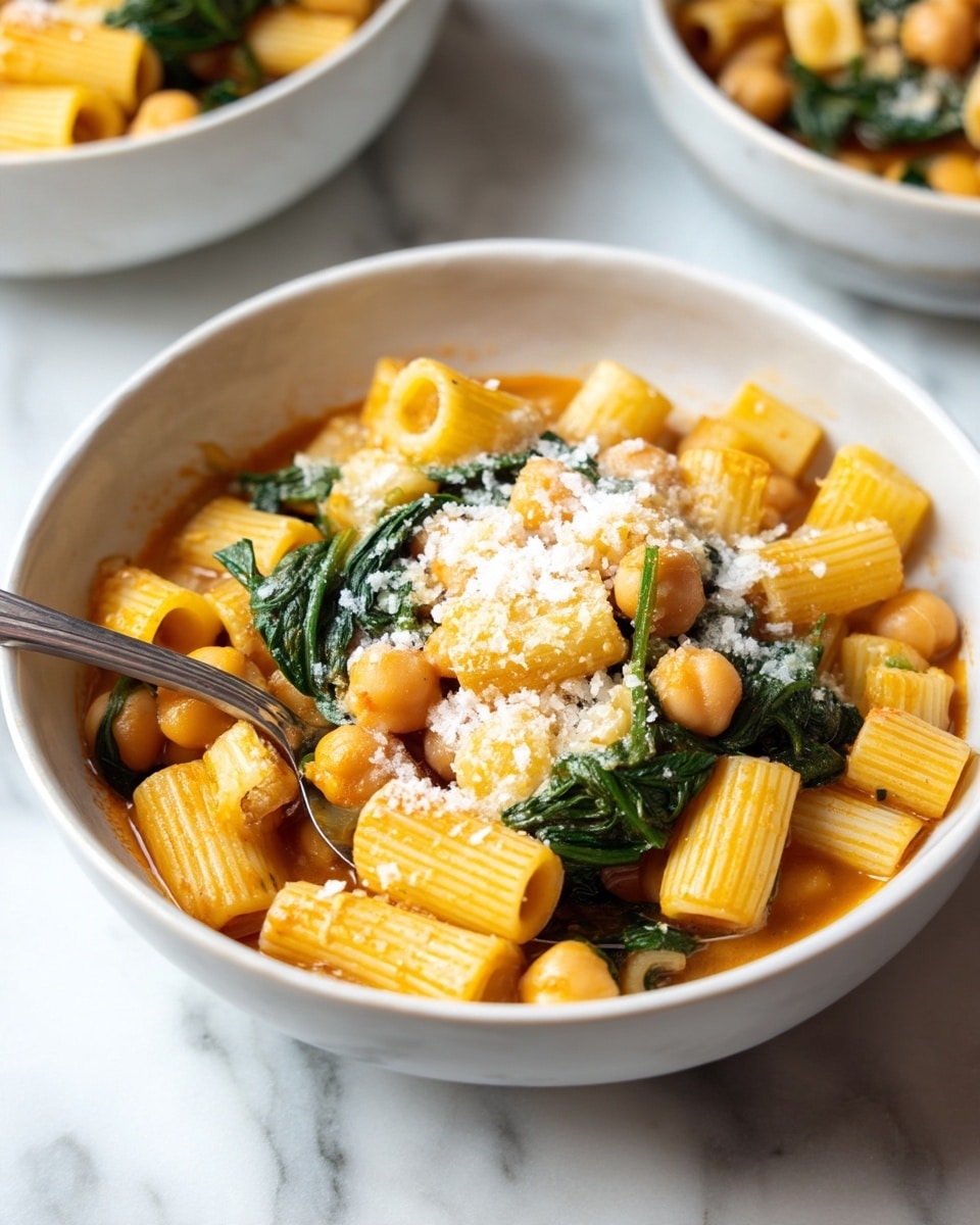 The image shows a white bowl with a black rim filled with a pasta dish consisting of small tube-shaped pasta, light beige chickpeas, and dark green leafy spinach in a light orange broth. The pasta and chickpeas form the main layers, with bits of grated cheese sprinkled on top. The broth is thin and visible at the bottom and between pieces, giving a slightly shiny texture. A silver fork rests inside the bowl, partially submerged in the contents. The bowl sits on a white marbled surface with parts of two other bowls visible in the blurred background, also on the same surface. photo taken with an iphone --ar 4:5 --v 7
