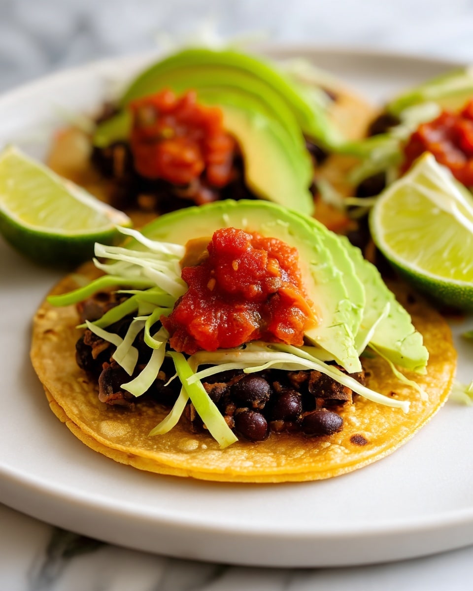 A close-up of three tostadas arranged on a white marbled surface. Each tostada has a crisp, golden-brown tortilla as the base, layered with black beans that look soft and slightly mashed. On top of the beans is a thin layer of shredded light green cabbage, followed by a small amount of chunky red salsa placed in the center. The finishing layer includes three slices of fresh, light green avocado arranged on one side of the tostada. In the bottom right corner of the image, there is a wedge of lime with a pale green flesh. The photo has natural lighting that highlights the textures and colors. Photo taken with an iphone --ar 4:5 --v 7