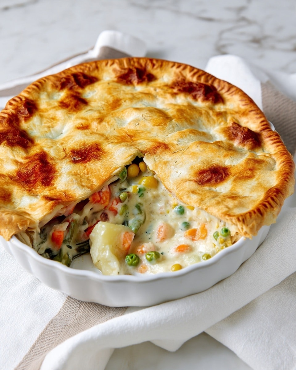 A golden brown baked pie with a flaky, slightly puffed crust covers a white pie dish. One slice is removed, showing the inside layers: a creamy white sauce mixed with soft chunks of white potatoes, bright orange carrot pieces, green peas, green beans, and bits of yellow corn. The crust has a crimped edge, and the pie sits on a white marbled surface with a beige and white cloth nearby. photo taken with an iphone --ar 4:5 --v 7
