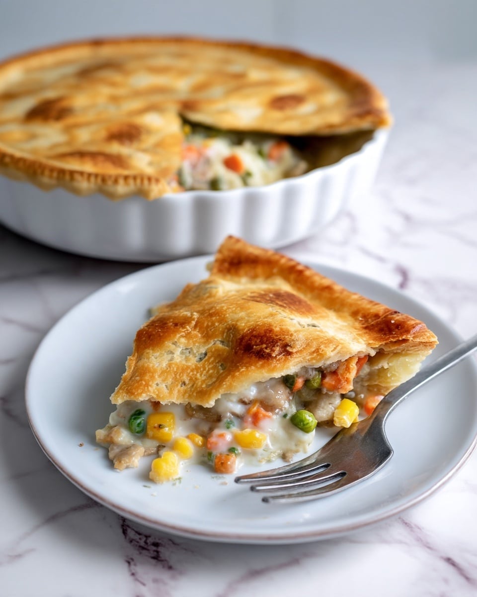 A slice of layered chicken pot pie is placed on a white plate with a silver fork beside it, resting on a white marbled surface. The slice has a golden-brown crust on top that looks flaky and crispy. Inside the cut slice, there are three visible layers: the top crust is golden and slightly puffed, the filling layer under it is creamy and white with visible chunks of diced orange carrots, green peas, yellow corn, and tender-looking pieces of chicken, and the bottom crust looks soft and slightly browned. In the background, the rest of the pot pie is visible in a white pie dish, with a missing piece showing the colorful filling inside. Photo taken with an iphone --ar 4:5 --v 7