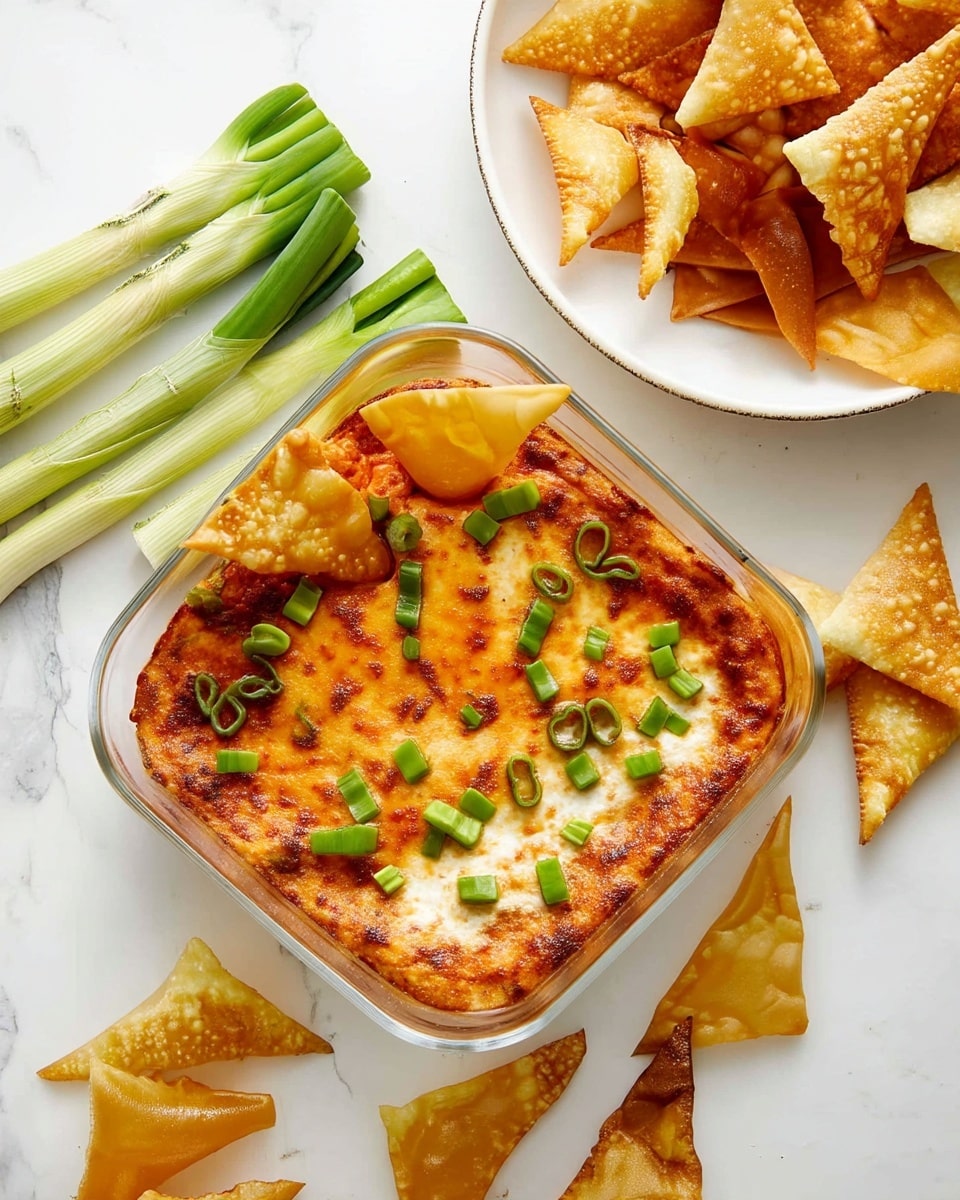 A clear glass square dish holds a two-layer dip with a golden brown melted cheese top, garnished with chopped bright green scallions scattered across the surface. Three crispy, golden fried triangular chips are dipped into and placed upright along the edges of the dip. Surrounding the dish on a white marbled surface are more of the same golden cut triangular chips, some whole and some broken. In the top right corner, a white plate with a thin brown rim holds a pile of more golden fried triangular chips. On the left side rest three green scallion stalks. The photo has natural light and a simple, clean look. Photo taken with an iphone --ar 4:5 --v 7