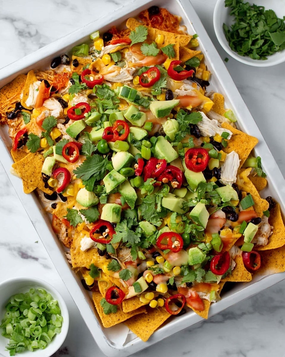 A white rectangular baking dish filled with three main layers starting with a base of triangular orange tortilla chips, followed by a layer of melted white cheese and shredded light brown chicken pieces mixed with black beans and yellow corn kernels. On top is a thick layer of chopped fresh avocado cubes, green onion slices, diced red tomato, bright red chili pepper rings, and scattered green cilantro leaves. The dish is placed on a white marbled surface next to a white bowl filled with chopped cilantro. Photo taken with an iphone --ar 4:5 --v 7
