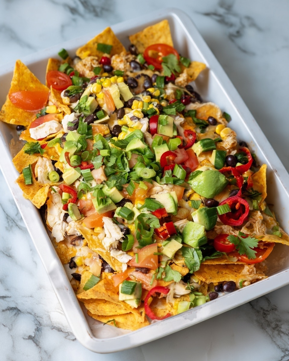 A white rectangular dish holds a layered nacho dish with multiple colorful toppings. The bottom layer consists of crunchy, golden-yellow tortilla chips. On top of this is a melting bed of light yellow cheese and scattered black beans. Layered above are chunks of white shredded chicken, chunks of red tomatoes, and pieces of bright yellow corn. The top layer is a fresh and colorful mix of green avocado cubes, chopped green onions, red chili slices, and green cilantro leaves all spread evenly. The dish sits on a white marbled surface. photo taken with an iphone --ar 4:5 --v 7