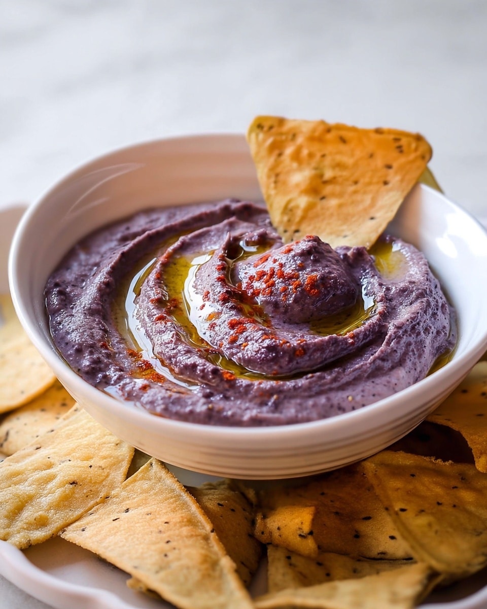 A white bowl filled with a creamy, thick purple-black bean dip that has a smooth but slightly textured surface, swirled on top to create gentle waves. The dip is drizzled with a golden layer of olive oil and lightly sprinkled with reddish spices. A single triangular, golden, speckled tortilla chip is dipped into the bowl at the back, standing upright. Around the bowl, scattered on a white marbled surface, are more similar textured triangular tortilla chips in light golden brown shades with dark specks. Photo taken with an iphone --ar 4:5 --v 7