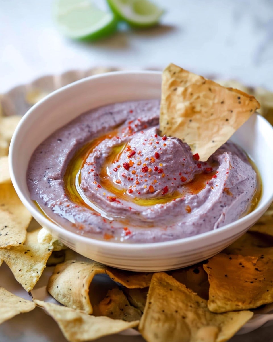 The image shows a white bowl filled with smooth, light purple bean dip with a creamy texture. The dip is swirled in the bowl, and there is a drizzle of golden olive oil on top with a sprinkle of red paprika or chili powder, adding small bright red specks. A single triangular tortilla chip is dipped into the bowl on the right side, showing a light golden color with small black specks. Around the bowl, more tortilla chips are scattered on a white marbled surface. In the background, there is a blurred piece of lime, adding a touch of green. Photo taken with an iphone --ar 4:5 --v 7