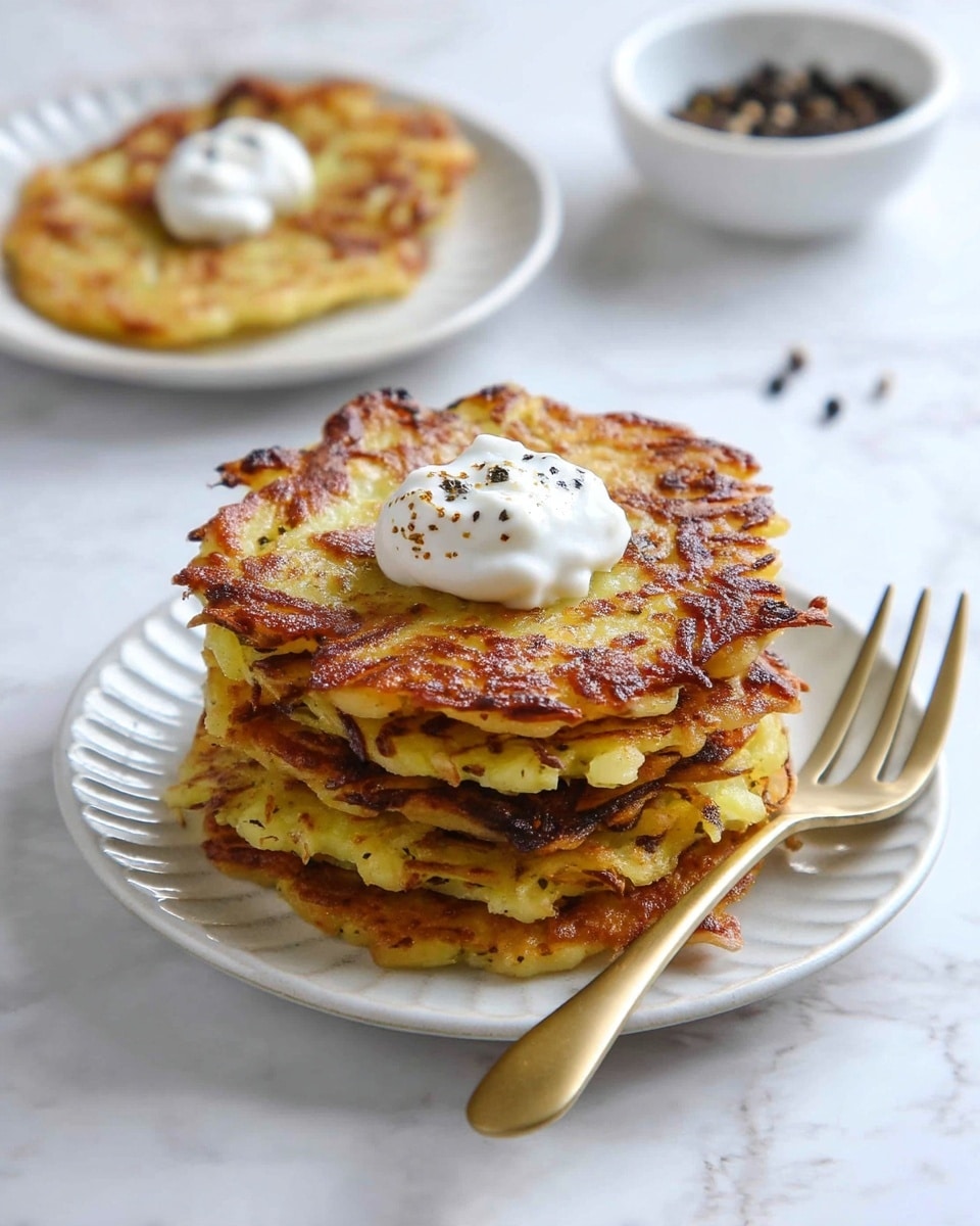 A stack of four golden-brown potato pancakes with crispy, uneven edges sits on a white plate, showing a lightly textured surface with some browned spots. On top of the stack is a dollop of white sour cream with a sprinkle of black pepper. A gold fork rests on the plate, leaning against the stack. In the background, there is another white plate with more potato pancakes and a small white bowl with black peppercorns on a white marbled surface. photo taken with an iphone --ar 4:5 --v 7