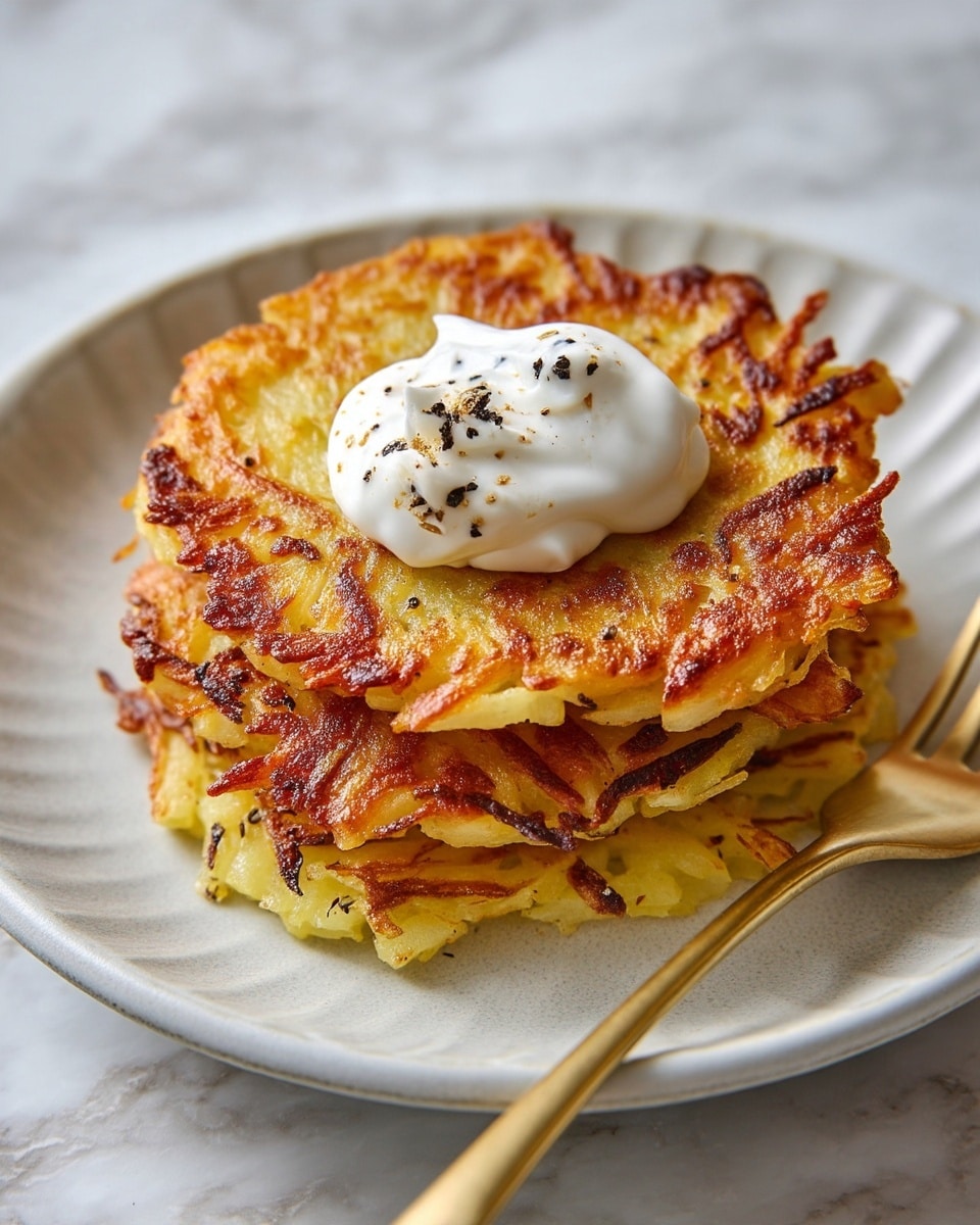 A stack of three golden-brown potato pancakes with crispy edges sits centered on a white plate with a white marbled surface beneath. The top of the stack has a dollop of smooth white sour cream sprinkled with coarse black pepper. A golden fork rests diagonally on the plate beside the pancakes. The texture of the pancakes is rough with visible strands of grated potato, showing a mix of light and darker brown hues from frying. Photo taken with an iphone --ar 4:5 --v 7