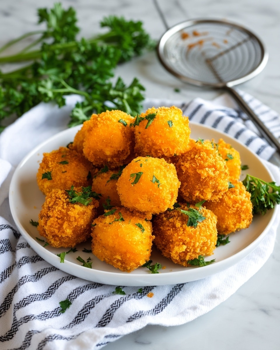 A round white plate holds about sixteen small, square, crispy fried cheese bites, each golden brown and topped with small green parsley pieces. One cheese bite in the middle is split open, showing bright orange, gooey melted cheese inside. To the left, a white bowl with green parsley leaves sits on a white marbled surface, with a single parsley leaf resting nearby. Above the plate to the right, a silver skimmer holds one fried cheese bite with some orange crumbs stuck on it. In the lower left corner, a white pan with golden oil is partly visible. A white cloth with black stripes is draped near the bottom right. photo taken with an iphone --ar 4:5 --v 7
