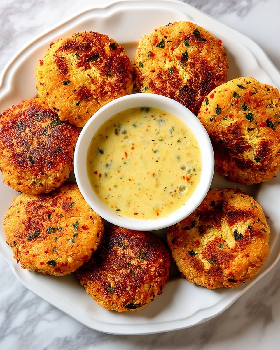 The image shows six golden-brown patties arranged in a semi-circle on a large white plate, each patty with a crispy, textured surface dotted with small bits of herbs and spices, mainly green and red flecks. On the right side of the plate is a small white bowl filled with a creamy pale yellow sauce speckled with green herbs, with a silver spoon resting inside it. All items sit on a white marbled surface. photo taken with an iphone --ar 4:5 --v 7