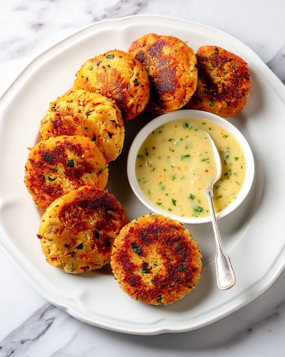The dish shows six golden-brown patties with a crispy texture and specks of green and red herbs and spices, arranged around a small white bowl filled with a creamy light yellow sauce with visible herbs. The patties have an uneven surface with some crunchy edges and are placed on a white plate with gentle curves, all set on a white marbled texture. The colors are warm and inviting with a contrast between the patties' golden tones and the sauce’s pale creaminess. photo taken with an iphone --ar 4:5 --v 7