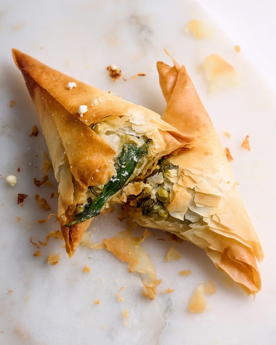 Several golden brown triangular pastries are arranged closely on a parchment-lined white marbled surface. Each triangle has three visible layers with crisp, flaky outer skins showing delicate cracks and a slightly shiny texture from a light coating of oil or butter. The edges look crimped and slightly uneven, hinting at a handmade quality. Some triangles have faint glimpses of a greenish filling peeking through small openings near the base. The light shines softly, enhancing the warm tones of the flaky crusts. photo taken with an iphone --ar 4:5 --v 7
