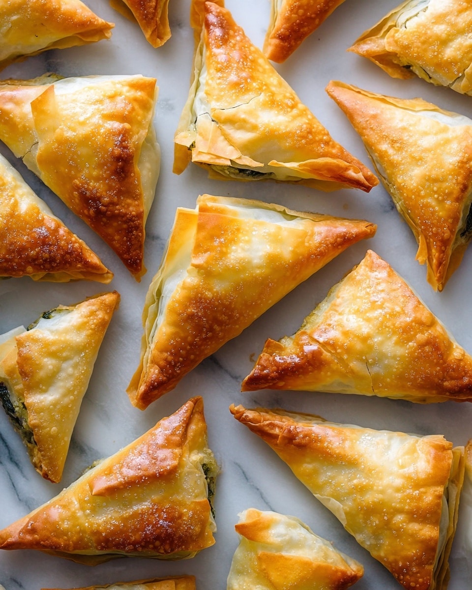Two crispy triangular pastries are shown on a white marbled surface, each pastry made from thin layers of light golden-brown phyllo dough. The dough looks flaky and delicate, with one pastry slightly open on top to reveal a green leafy filling inside that has a soft, moist texture. Small crumbs and bits of dough are scattered lightly around the pastries, adding a natural, fresh feel. photo taken with an iphone --ar 4:5 --v 7