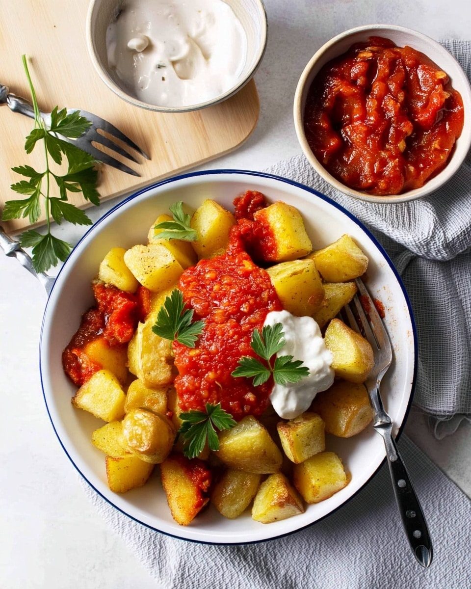 A white plate with a blue rim is filled with golden roasted potato cubes, topped with dollops of chunky red tomato sauce and a small spoonful of creamy white sauce. Fresh green parsley leaves are scattered over the potatoes for color. Two forks are placed on the plate, one picking up a piece of potato with red sauce. To the top left, a small white bowl containing the white sauce sits on a light wooden board with a sprig of parsley and a fork. Another small white bowl filled with thick red tomato sauce rests on a gray cloth on a white marbled surface. photo taken with an iphone --ar 4:5 --v 7