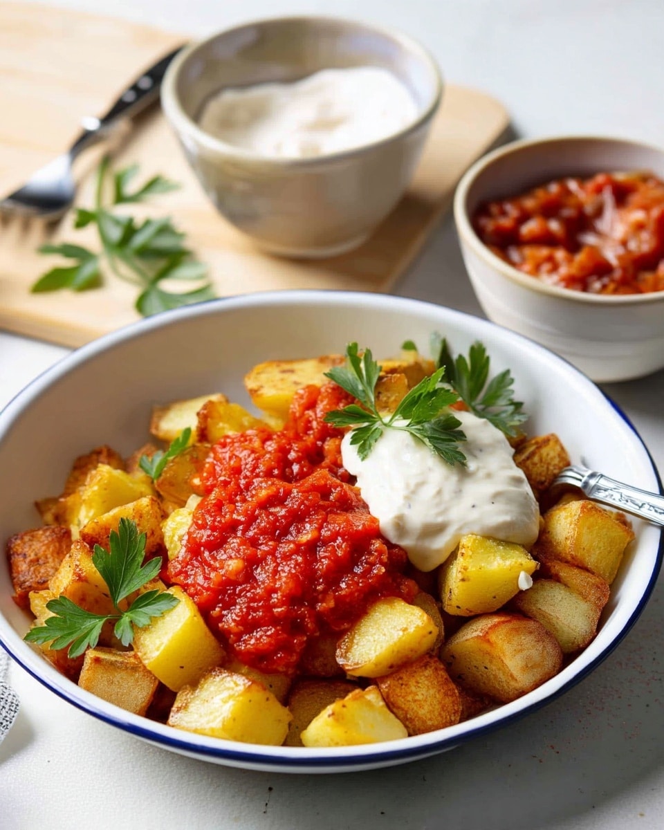 A white plate with a blue rim holds crispy golden-brown potato cubes spread evenly, some pieces showing a light roasted texture. On top, there are two dollops of sauce: one is a thick red tomato-based sauce with a chunky texture, and the other is a creamy white sauce, both placed in the middle. Fresh green parsley leaves are scattered over the potatoes as garnish. A silver fork rests slightly inside the plate, touching some potato cubes. Around the plate, a few parsley leaves lay loosely on a white marbled surface, along with two white bowls in the background—one bowl containing more red sauce and the other filled with a white sauce placed on a wooden board. Photo taken with an iphone --ar 4:5 --v 7