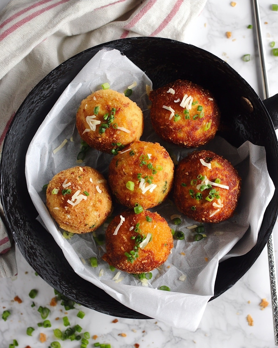 The image shows a close-up of five round, golden-brown fried balls with a crispy, textured coating. They are placed in a deep white bowl lined with white parchment paper. Each ball is topped with small pieces of shredded white cheese and green chopped herbs, adding a touch of color contrast. The bowl is set on a white marbled surface, and a pair of dark chopsticks rest on the edge of the bowl. There is a soft focus on the background, showing part of a white and red striped cloth. photo taken with an iphone --ar 4:5 --v 7
