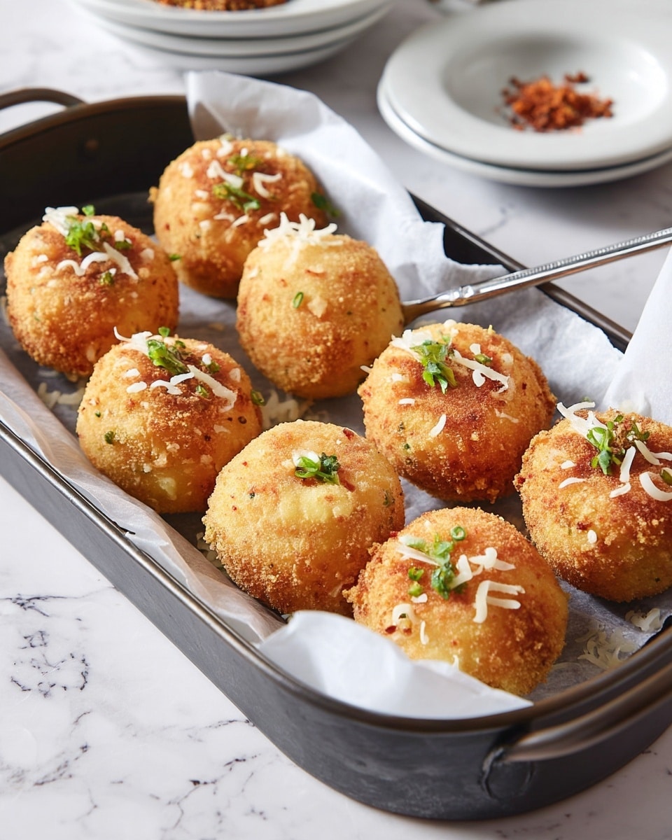 There are eight round, golden-brown fried balls arranged in two rows inside a white paper-lined dark metal tray. Each ball has a crispy textured surface, with small white shavings and tiny pieces of green garnish scattered on top. A silver spoon rests inside the tray, partially under one ball. Next to the tray is a small white bowl with reddish crumbs inside. The tray sits on a white marbled surface, with part of a white plate and a gray cloth napkin visible in the background. photo taken with an iphone --ar 4:5 --v 7