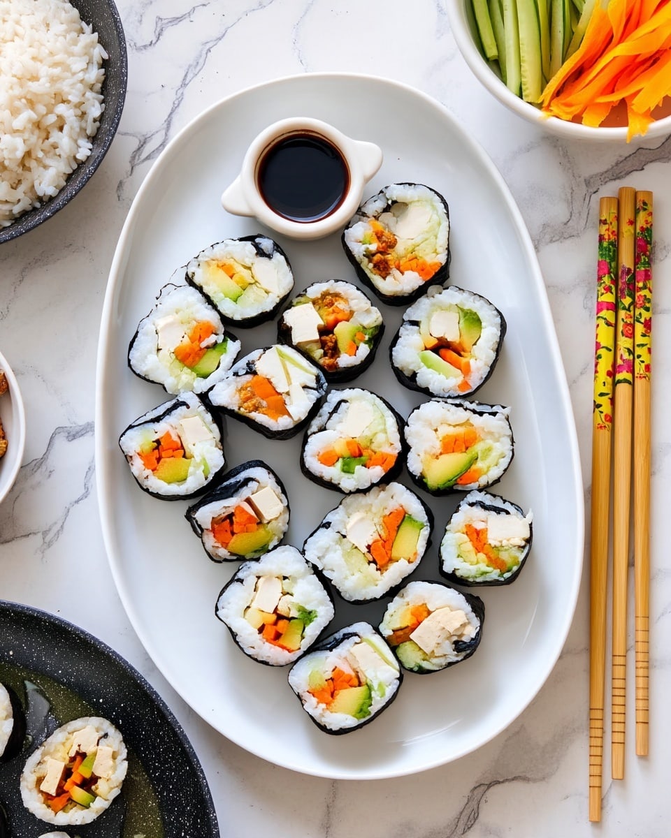 A white oval plate holds thirteen pieces of sushi rolls arranged in a cluster, each roll showing layers of black seaweed on the outside, white sticky rice, and colorful fillings of light beige tofu, bright orange carrot, and green cucumber inside. At the top center of the plate, there is a small white dish filled with dark soy sauce. Around the main plate, there are other items including tofu sticks with oil on the left in a black pan, thin sliced cucumber and carrot sticks on a white plate top right, a pair of wooden chopsticks with colorful designs on the right side, three sushi rolls on a white round plate bottom left, and a bowl with white rice bottom right. All of this is set on a white marbled textured surface. photo taken with an iphone --ar 4:5 --v 7