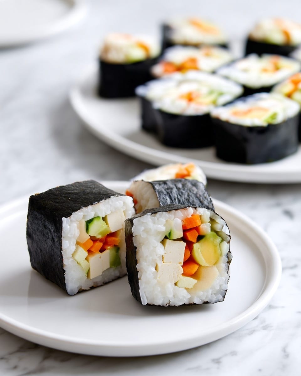 The image shows several pieces of sushi rolls neatly arranged on two white plates placed on a white marbled surface. Each sushi piece has four layers: the outermost layer is a dark black seaweed wrap, inside there is a thick, fluffy layer of sticky white rice, and in the center, colorful filling layers of orange carrot sticks, green cucumber slices, and light cream tofu pieces are visible. The sushi rolls are cut in uniform thick slices, with the filling pieces standing out sharply against the white rice and dark seaweed. The focus is close-up, clearly showing the texture of the rice grains and the smoothness of the seaweed. photo taken with an iphone --ar 4:5 --v 7