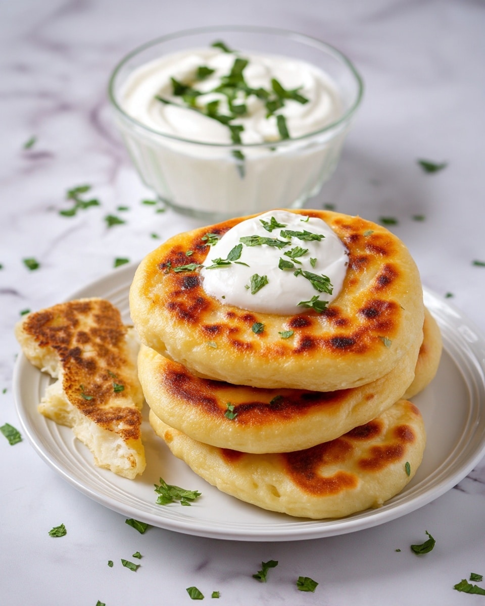 A white plate holds a stack of four golden-brown fried flatbreads with a soft, light interior, one flatbread leaning against the stack showing its fluffy inside. The top flatbread is topped with a dollop of white sour cream and sprinkled with fresh green chopped herbs. Nearby on the plate is a small clear glass bowl filled with creamy white sour cream, also garnished with herbs. The scene is set on a white marbled surface with extra chopped herbs scattered around, adding a fresh touch. photo taken with an iphone --ar 4:5 --v 7