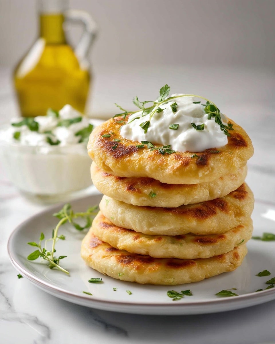 A white plate holds a stack of five golden-brown, round flatbreads with a soft and slightly uneven texture, showing light browning and subtle grill marks; the top flatbread has a dollop of white cream sprinkled with small green herb pieces. Next to the stack on the plate is another flatbread lying flat. Behind the plate, there is a small clear glass bowl filled with white cream garnished with green herb bits. The scene is set on a white marbled surface, with scattered green herb leaves around. In the background, a frying pan and a glass bottle with a yellow liquid add depth to the image. Photo taken with an iphone --ar 4:5 --v 7