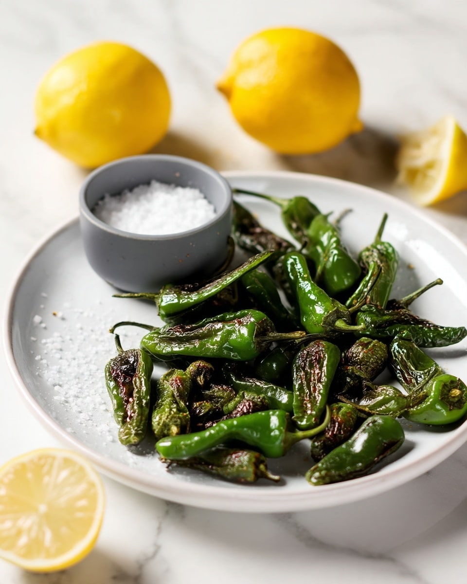 A white plate holds a single layer of charred green peppers that are wrinkled with shiny skin and dark brown grill marks evenly scattered on each pepper. To the left on the plate, there is a small gray cup filled with coarse salt. Around the plate, three lemon halves with bright yellow skins and inner flesh sit on a white marbled textured surface, with some salt sprinkled nearby. The image is softly lit and has a clean, simple look. photo taken with an iphone --ar 4:5 --v 7