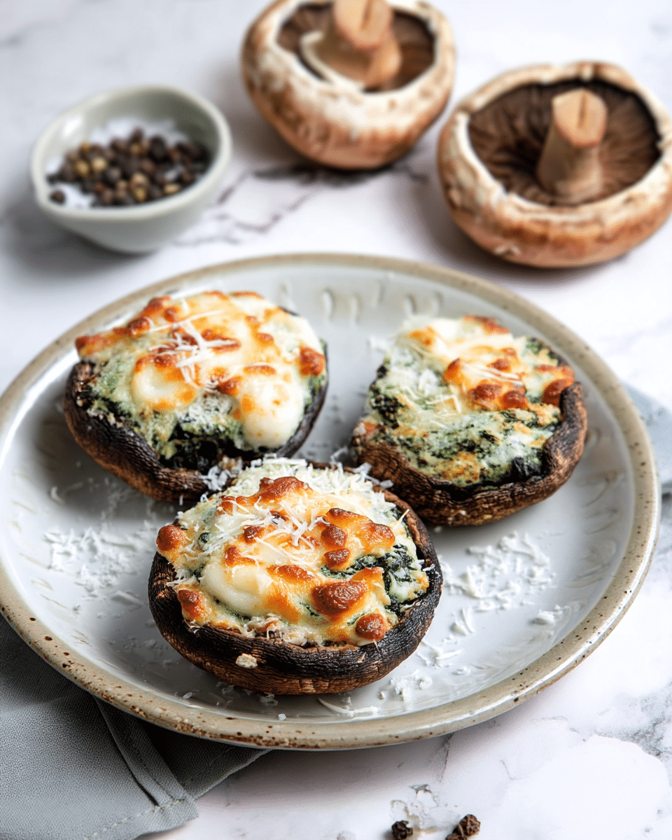 Three stuffed mushrooms are placed on a white plate with a light grey speckled rim, sitting on a white marbled surface. Each mushroom cap is dark brown and filled with a creamy green mixture, topped with bubbly, golden-brown melted cheese and sprinkled lightly with shredded white cheese. The texture of the filling looks soft and slightly coarse from the herbs or spinach inside. In the background, there are two plain mushrooms upside down, showing their light brown tops and gills, and a small white bowl with peppercorns. A grey cloth napkin is partly visible under the plate. photo taken with an iphone --ar 4:5 --v 7