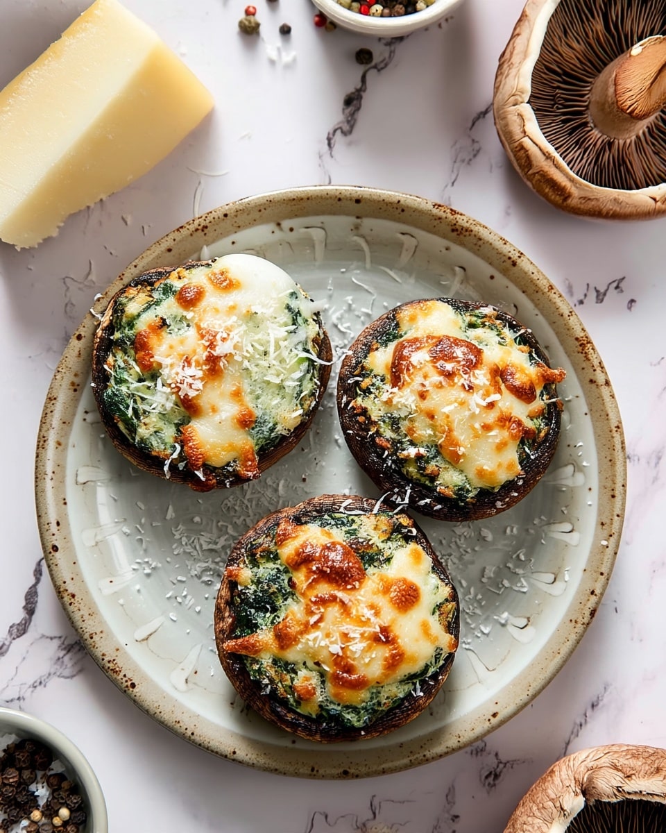 Three stuffed mushrooms sit on a round white ceramic plate with a light glaze and speckled rim, placed on a white marbled surface. Each mushroom is filled with a creamy green spinach and cheese mixture, topped with melted cheese that is golden brown in spots, creating a slightly bubbly and textured top layer. To the upper right, two plain mushrooms show their dark brown gills, while a wedge of pale yellow cheese and a small bowl of mixed peppercorns and coarse salt are scattered in the scene. The overall look is fresh, warm, and ready to eat. photo taken with an iphone --ar 4:5 --v 7