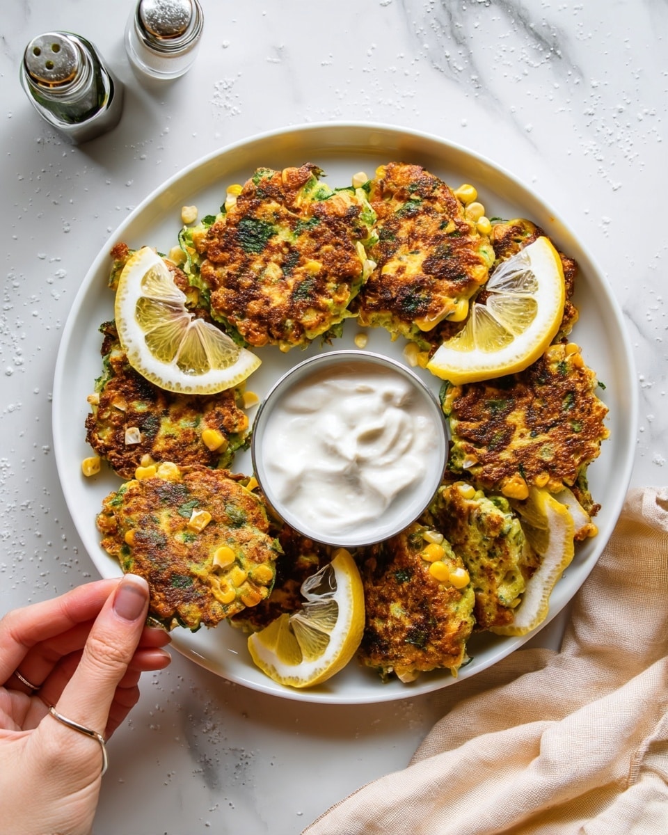 A white plate with several golden-brown vegetable fritters arranged in a circle around a small bowl of creamy white dip in the center. The fritters have visible green bits of herbs and corn kernels, with a light drizzle of white sauce on top of some pieces. Two thin lemon slices are placed on the side of the plate as garnish. The plate is set on a white marbled surface with a silver salt and pepper shaker near the top left, and a beige cloth partially visible at the bottom right. A woman's hand is holding one fritter outside the plate near the bottom left. photo taken with an iphone --ar 4:5 --v 7