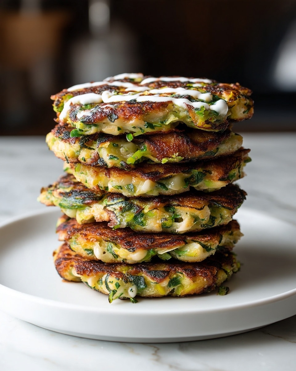 A stack of five thick, crispy patties with uneven edges sits on a plain white plate against a white marbled surface. Each patty has a golden-brown crust with visible green herbs and chopped vegetables embedded inside, showing a textured mix of light green, yellow, and white bits. The top patty is drizzled with a light white sauce, adding a soft contrast to the crispy surface. The background is dark and blurred, with faint shapes of kitchen items out of focus. photo taken with an iphone --ar 4:5 --v 7