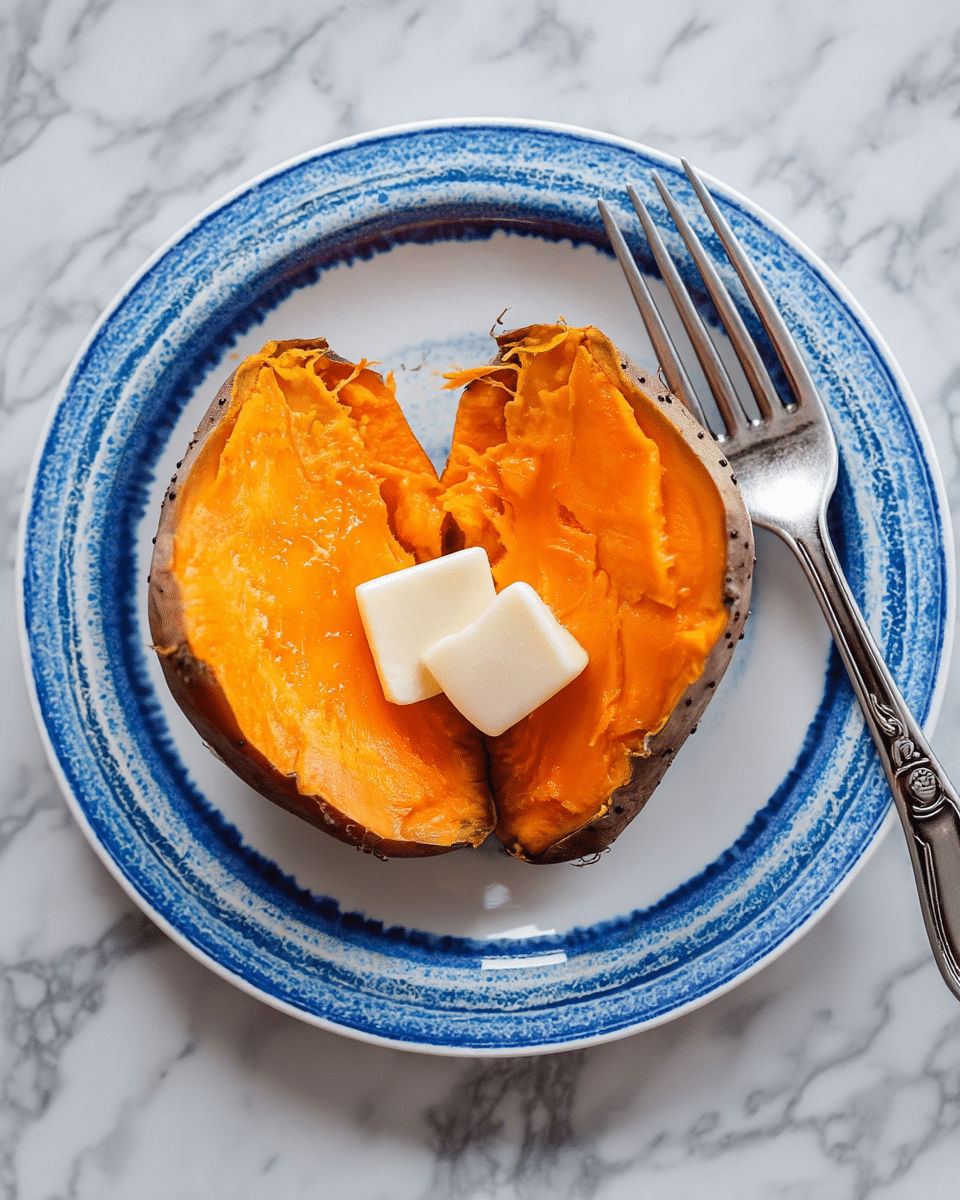 A baked sweet potato is split open on a white plate with blue edges, showing two thick layers of vibrant orange flesh with a soft, moist texture. In the center, a small square of melting white butter rests between the two halves. A silver fork is placed on the right side of the plate, and the whole setting sits on a white marbled texture surface. photo taken with an iphone --ar 4:5 --v 7