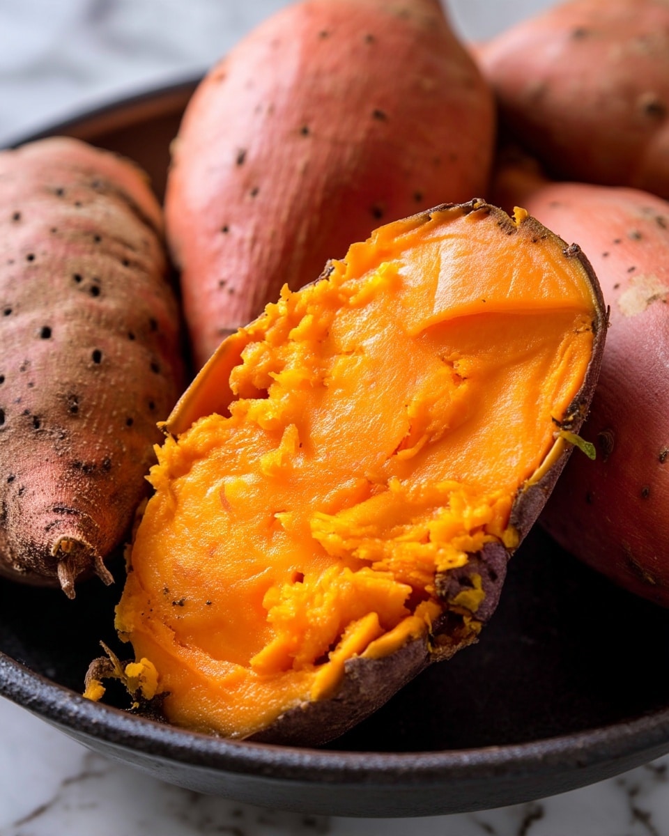 The image shows a close-up of one sweet potato cut in half with its deep orange soft inside exposed, surrounded by two whole sweet potatoes with rough brown skin that has tiny holes. The cut sweet potato has a slightly smooth and moist texture with some rough edges where it was sliced. The sweet potatoes rest in a dark dish, and the background features a white marbled texture barely visible around the edges. The overall focus is on the rich orange color and natural texture of the sweet potato flesh. photo taken with an iphone --ar 4:5 --v 7