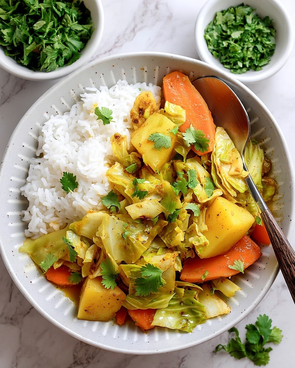 A white bowl filled with three main layers: on the right side, a mound of fluffy white rice with separate grains; on the left side, a mix of cooked vegetables including light green cabbage pieces showing some browning from cooking, bright orange carrot slices, and large chunks of yellow potato; the vegetables are lightly coated in a golden-yellow sauce and garnished with fresh green cilantro leaves scattered on top. A metal spoon with a dark wood handle rests inside the bowl on the vegetable side. The bowl is placed on a white marbled surface with small bowls of fresh green cilantro and white rice partly visible around it. photo taken with an iphone --ar 4:5 --v 7