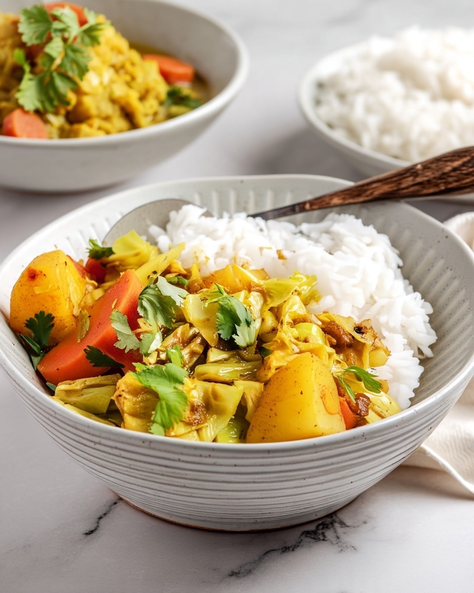 The dish is served in a white bowl with a textured inner surface showing vertical ridges. It contains two main layers: on one side, there is a generous portion of fluffy white rice with soft, separated grains. On the other side, a vibrant vegetable curry features big chunks of golden yellow potatoes, bright orange carrot pieces, and some cooked cabbage with a mix of yellow and light green tones. The curry is garnished with fresh green cilantro leaves scattered on top. A wooden-handled spoon rests inside the bowl on the rice side. The bowl is placed on a white marbled surface with blurred bowls of rice and curry in the background. Photo taken with an iphone --ar 4:5 --v 7