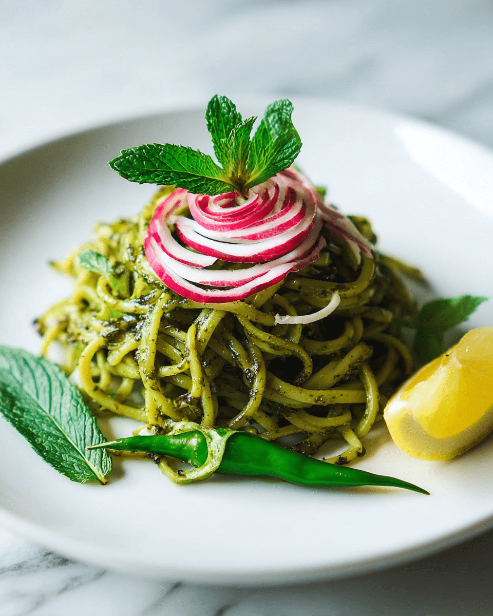 The dish has one main layer of green pesto pasta noodles piled high in the center of a white plate, with a fresh, slightly oily texture. On top of the noodles is a thin swirl of red and white onion rings, adding a sharp contrast. There are bright green herb leaves, likely mint or basil, scattered around the noodles, with a whole green chili pepper nestled in the pasta. On the right side of the plate, there is a small wedge of lemon with a yellow color. The plate is set on a surface with a white marbled texture, and the focus is close-up on the dish. photo taken with an iphone --ar 4:5 --v 7