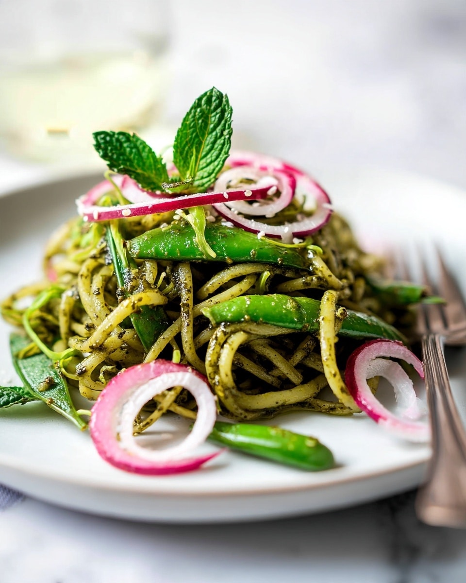 A plate with a white color holds a nest of green herb-coated noodles mixed with bright green sugar snap peas, topped with thin slices of red and white raw onions arranged in a small pile. The noodles have a fresh, slightly oily shine with visible small herb flakes. A few fresh green mint leaves peek out from the noodles. The plate is placed on a surface with a white marbled texture, and a blurred fork sits next to the plate. The background is softly blurred with hints of white and light colors. photo taken with an iphone --ar 4:5 --v 7