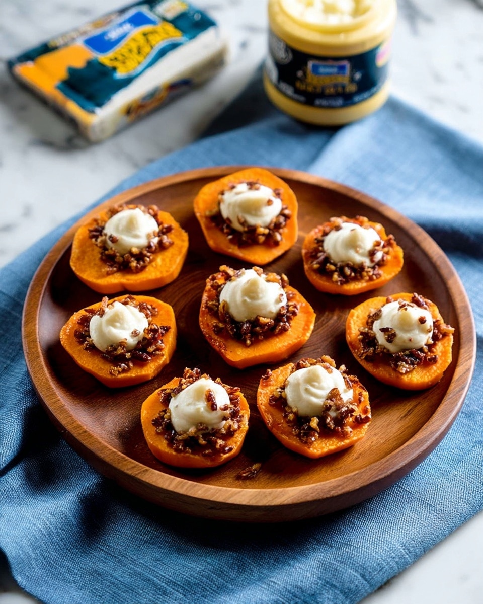 A round wooden plate holds eight small appetizers spread out evenly, each made of an orange sweet potato slice as the base layer, topped with a crunchy, dark brown nut or seed layer, and finished with a white creamy dollop in the center. The plate sits on a blue cloth, and the background shows a white marbled surface with a container of creamy Swiss cheese and a bottle of mustard placed nearby. Photo taken with an iphone --ar 4:5 --v 7