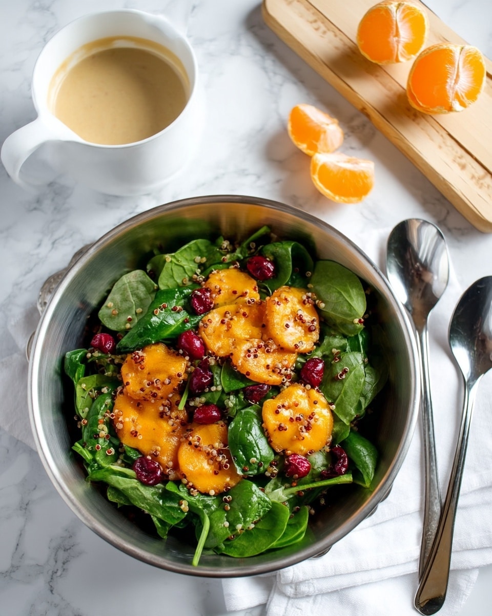 A dark silver scalloped bowl holds a fresh salad on a white marbled texture. The salad has three main layers: at the bottom are bright green spinach leaves, spread evenly; on top are orange slices, peeled and cut into segments, placed across the greens; the upper layer consists of small red berries scattered over the salad, along with sprinkled sesame seeds or grains adding texture. To the upper left of the bowl is a small white cup filled with creamy dressing, and to the upper right is a wooden board with two halves of a peeled orange and a cheese grater beside them. A silver spoon is placed to the right on a white cloth nearby. Photo taken with an iphone --ar 4:5 --v 7