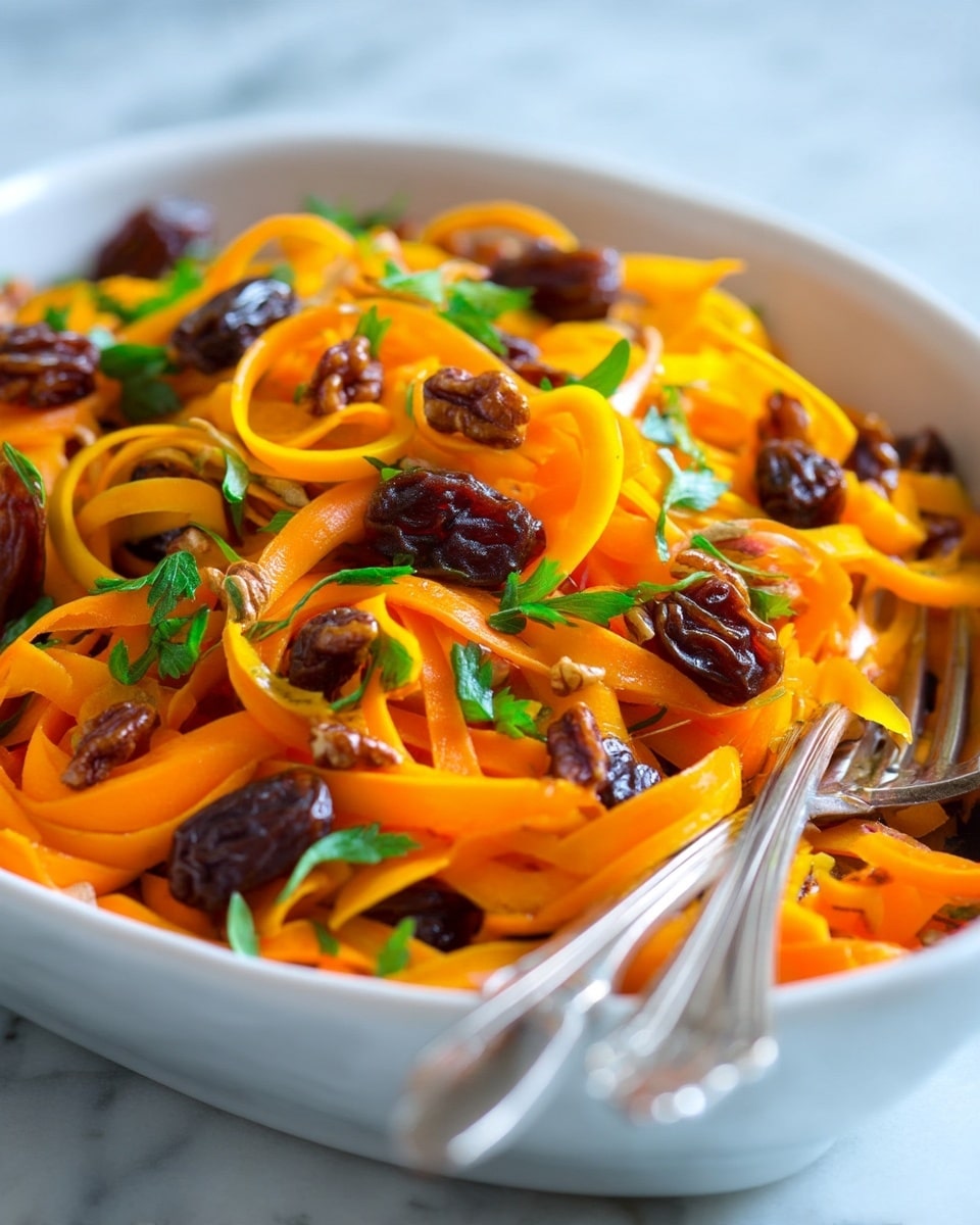 The image shows a close-up of a dish with bright orange-yellow shredded butternut squash noodles mixed with dark brown raisins and light brown chopped nuts, sprinkled with small green herb pieces. The noodles have a soft, slightly curly texture and fill up a white dish with a smooth edge, with a silver fork resting inside the food on the right side. The dish is set on a white marbled surface with a soft blurred background. photo taken with an iphone --ar 4:5 --v 7