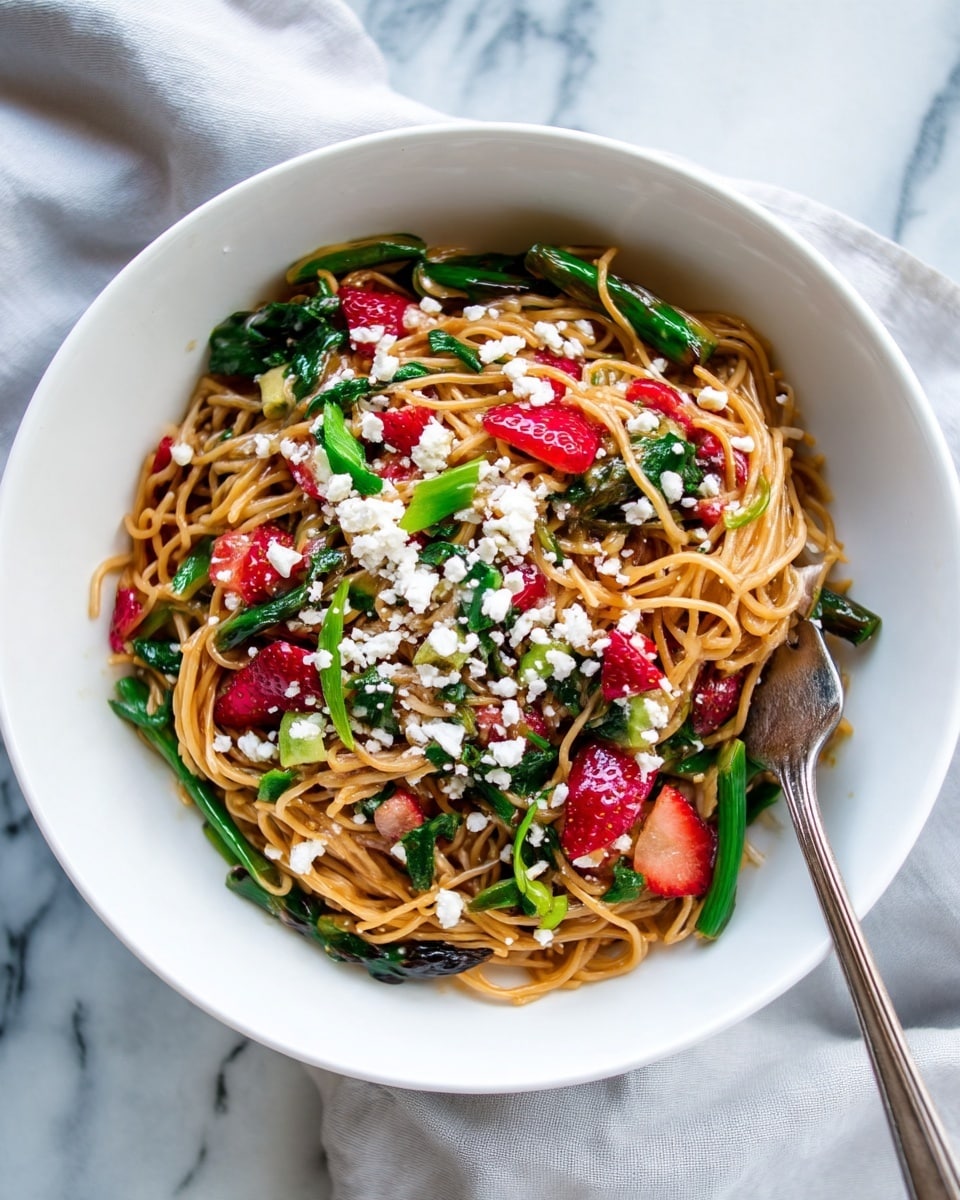 In a white bowl, there is a colorful mix of cooked noodles, with visible light brown curly strands forming the base layer. Mixed in are slices of fresh strawberries, bright red with visible seeds, and chunks of green avocado. Scattered leafy green vegetables add freshness and texture, while white crumbled cheese is sprinkled on top, giving a slightly grainy texture. A silver fork rests inside the bowl towards the background. The bowl is placed on a white marbled surface. photo taken with an iphone --ar 4:5 --v 7