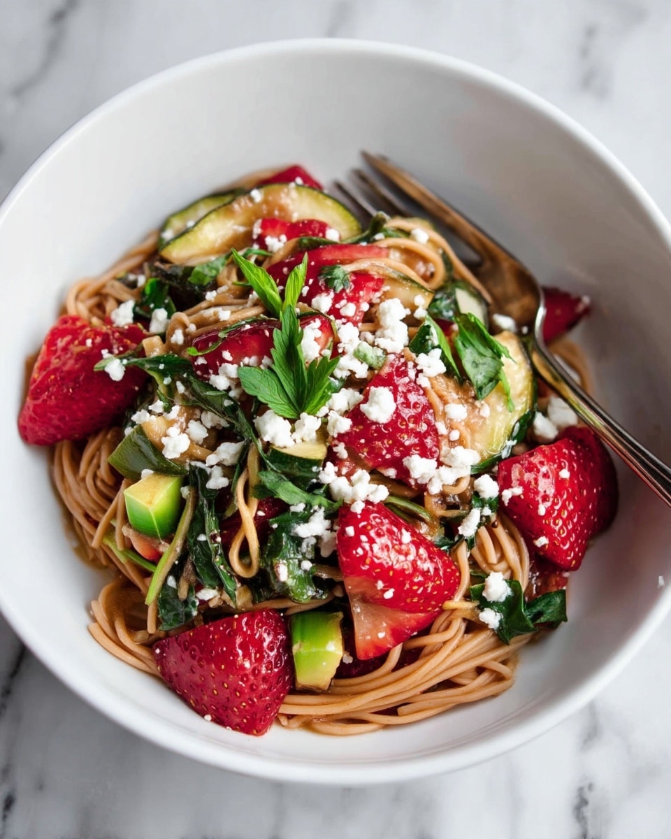 A white bowl holds a colorful noodle dish with three visible layers; at the bottom, light brown noodles are mixed with chunks of green zucchini and slices of round, reddish-purple radishes; the middle layer features bright green spinach leaves and snap peas, adding fresh texture and color; the top layer is sprinkled with crumbly white cheese, contrasting with the vibrant vegetables beneath. A fork rests inside the bowl, casting a soft shadow on a white marbled surface below. photo taken with an iphone --ar 4:5 --v 7
