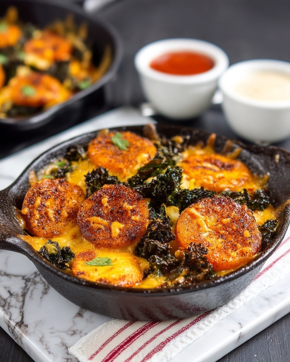 A black cast iron skillet filled with a cooked dish showing three main layers: a base of browned, round slices of what looks like sweet potatoes with a slightly crispy texture, a middle layer of melted golden-yellow cheese spread unevenly, and scattered vibrant green leafy kale on top. The skillet rests on a white and red striped cloth over a white marbled surface. In the background, another similar skillet with the same dish is slightly out of focus, alongside two small white bowls, one filled with white sauce and the other with red sauce. photo taken with an iphone --ar 4:5 --v 7