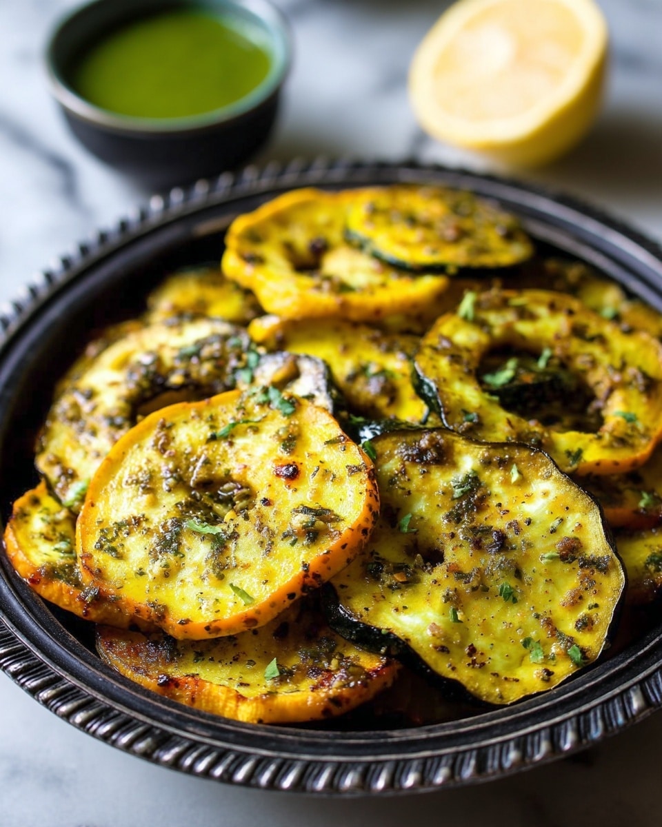 A close-up image shows a black textured bowl filled with several slices of cooked yellow squash or zucchini, each slice having a golden-yellow inside and dark green skin on the edges, topped with small bits of green herbs and spices. The squash slices look tender and slightly glossy from oil or seasoning. In the blurry background, there is a dark bowl with a green sauce and a half lemon on a white marbled texture. photo taken with an iphone --ar 4:5 --v 7