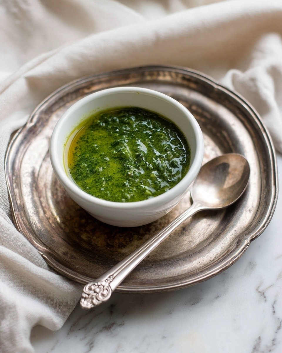 A small white bowl filled with a thick, bright green sauce that has a slightly chunky texture and a glossy surface. The bowl sits on a round, shallow, tarnished silver plate, with a simple silver spoon resting on the left side of the plate. The background is a soft, white marbled texture and some blurred white cloth is visible around the plate. photo taken with an iphone --ar 4:5 --v 7