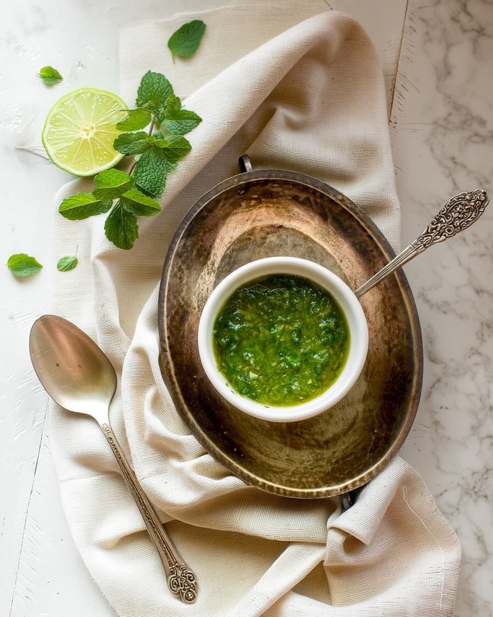 A small white bowl filled with bright green sauce, which has a slightly chunky texture, sits in the center of an oval tarnished metal tray with a warm bronze tone; the tray rests on a soft, crumpled white cloth spread over a white marbled surface. To the left of the tray, a vintage silver spoon with an ornate handle lies flat on the cloth. Above the bowl, half a lime with a light green interior and a few small fresh green leaves are placed gently on the cloth. photo taken with an iphone --ar 4:5 --v 7